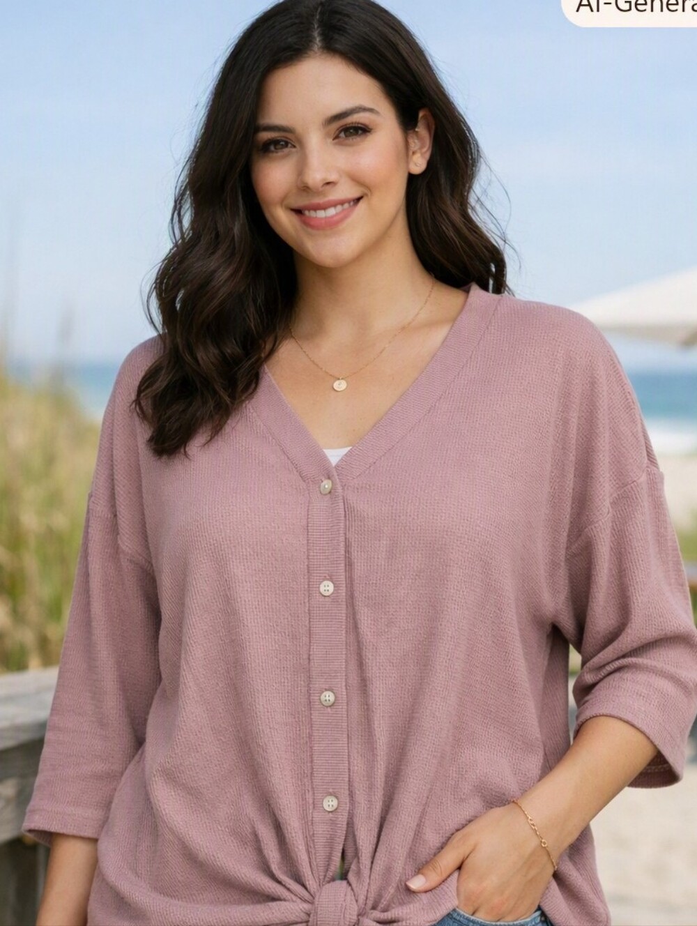 Loramendi Waffle Knit Button-Front Top in Dusty Mauve